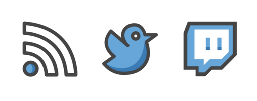Logos of Twitter, RSS and Twitch